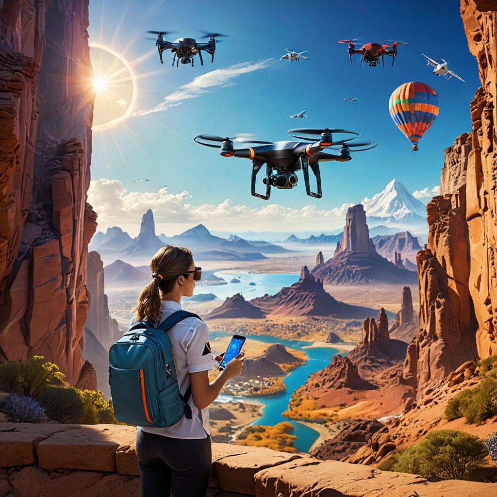 A stunning landscape showcasing a futuristic traveler using advanced technology, such as a transparent GPS device, hovering drones, and augmented reality glasses. Surrounding the traveler, there are iconic landmarks reimagined with sleek design and vibrant colors, hinting at global destinations. The overall scene radiates a sense of adventure and innovation, appealing to modern explorers. super-realistic. vibrant colors. 3D.