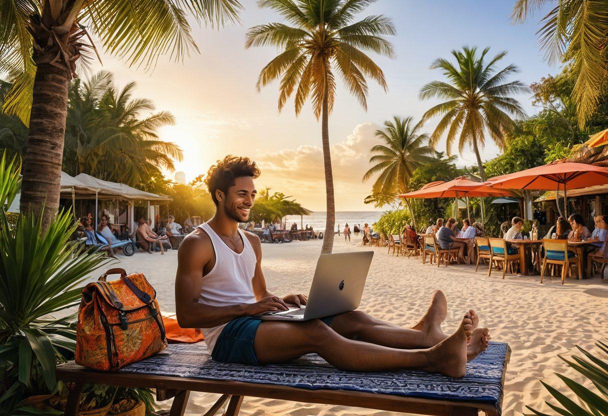A vibrant scene depicting a digital nomad with a laptop at a beachside café, surrounded by exotic fruits and street food. The nomad is engaging with a diverse group of friends, showcasing a rich tapestry of cultures. Palm trees sway in the background with a sunset casting warm golden hues. Illustrate a backpack and travel gear nearby, symbolizing adventure. Create an atmosphere of joy and exploration. colorful illustration. warm tones. tropical setting.