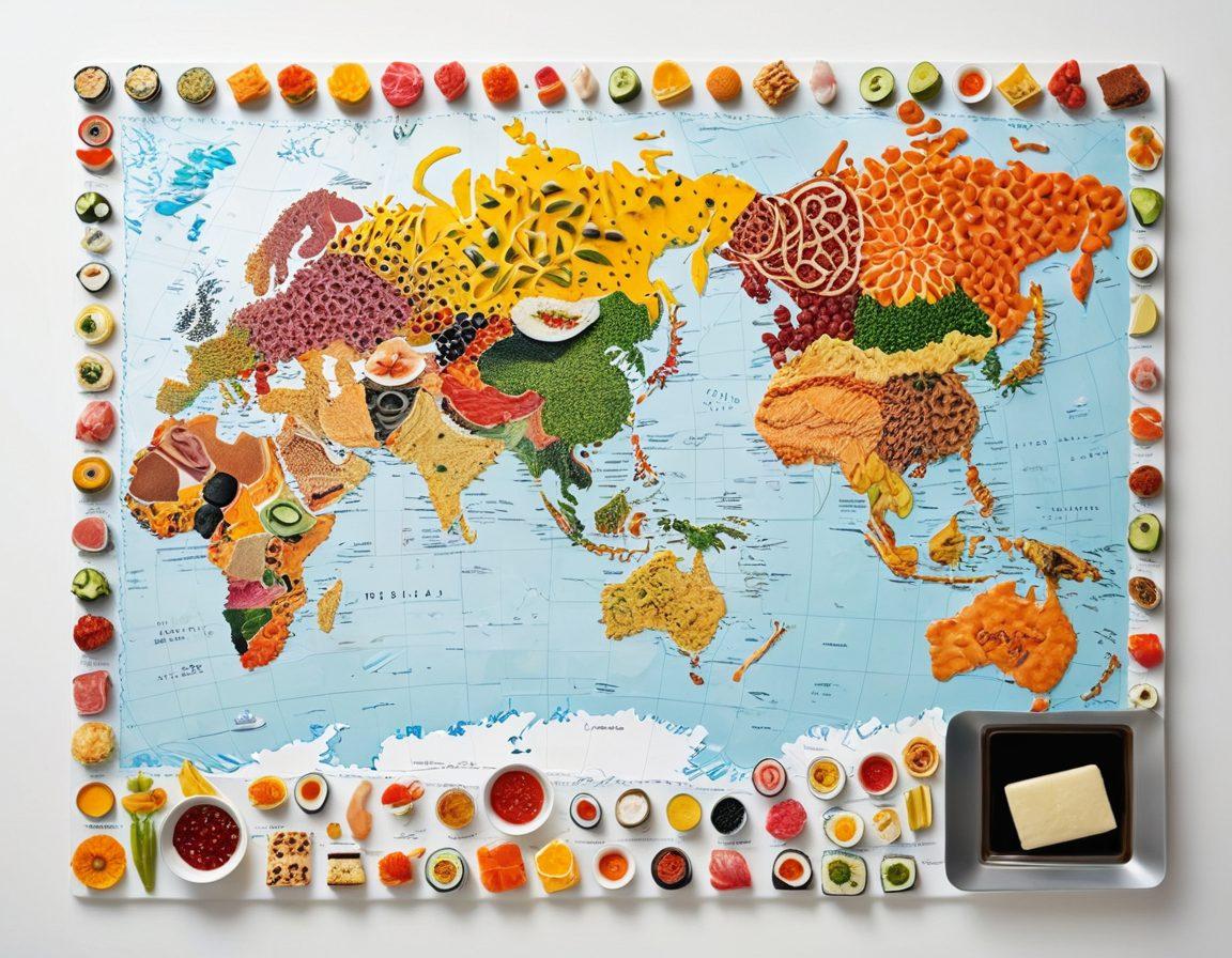 A vibrant world map composed of diverse culinary dishes, with each continent featuring iconic foods from that region, like sushi from Asia, pizza from Europe, and tacos from North America, all interconnected by dotted travel lines. The background showcases an open laptop and passport, symbolizing the digital nomad lifestyle. Bright colors and textured illustrations enhance the visual appeal. super-realistic. vibrant colors. white background.